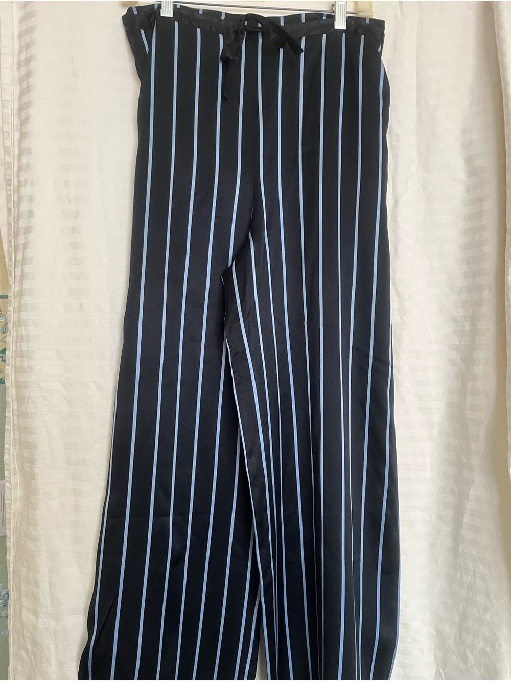 Escada Navy Wide-Leg Pants with Light Blue Pinstripes